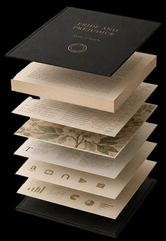 A book exploded into the connected parts of its production